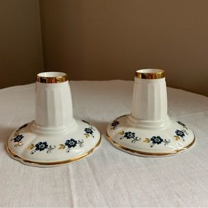Vintage Sandford bone china candle holders with blue flowers and gold trim